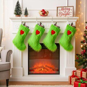 4 Pcs Green Haired Monster Christmas Stocking |  Grinch Christmas Stocking Gift